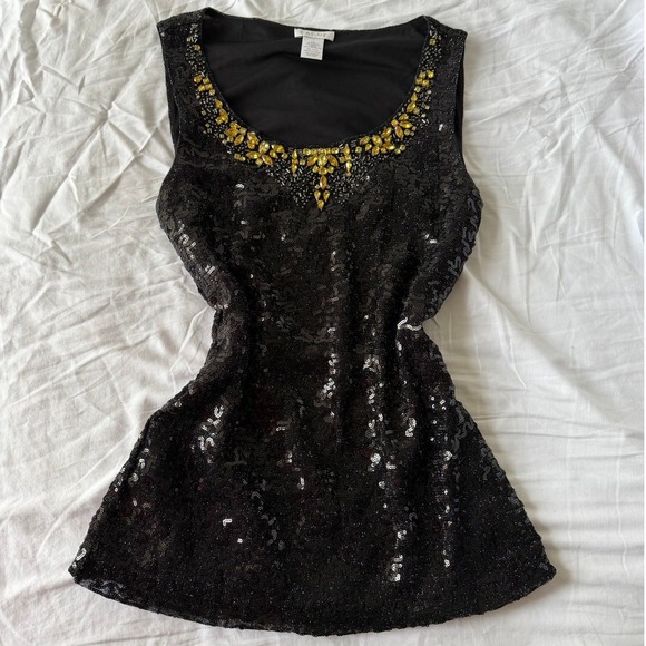 Cache Tops - Vintage Y2K 2000s Cache Sequin Top Small Black Gemstone Embellished Neckline